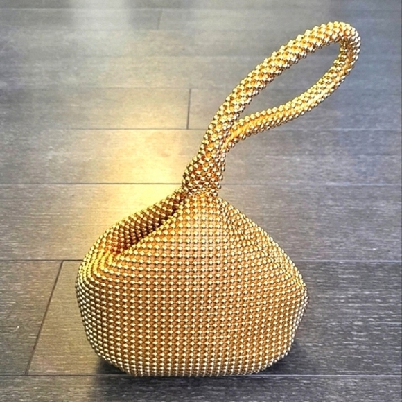 Women Ball Mesh Wristlet Yellow Gold Pouch Handle Bag Glitter Triangle Clutch - Picture 3 of 7